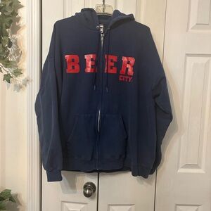 Hanes Men's Zip Up Navy Hoodie with Beer City in Red Letters-XL